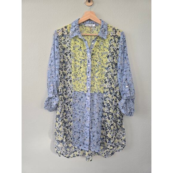 Figueroa & Flower Sheer Floral Button Down Blouse Blue Yellow Boho M Cottagecore - Picture 1 of 9